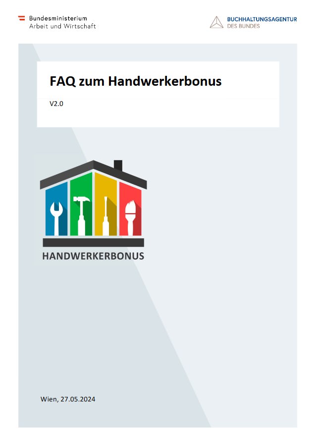 Abbildung der ersten Seite der Broschüre "FAQ zum Handwerkerbonus" des Bundesministeriums für Arbeit und Wirtschaft